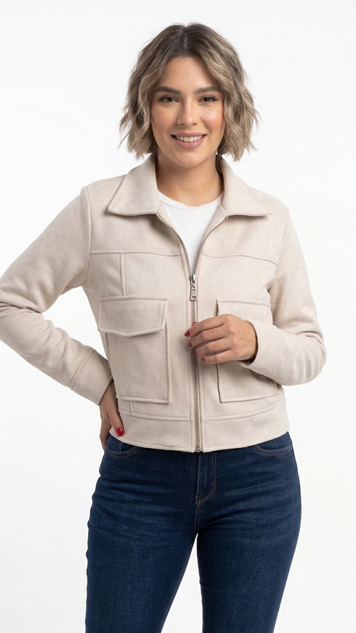 Chaqueta Corta Textura Gamuzada Beige - Vista frontal