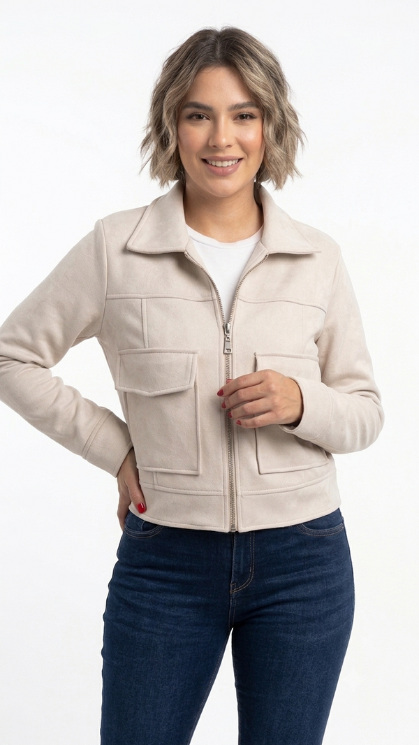 Chaqueta Corta Textura Gamuzada Beige - Vista frontal