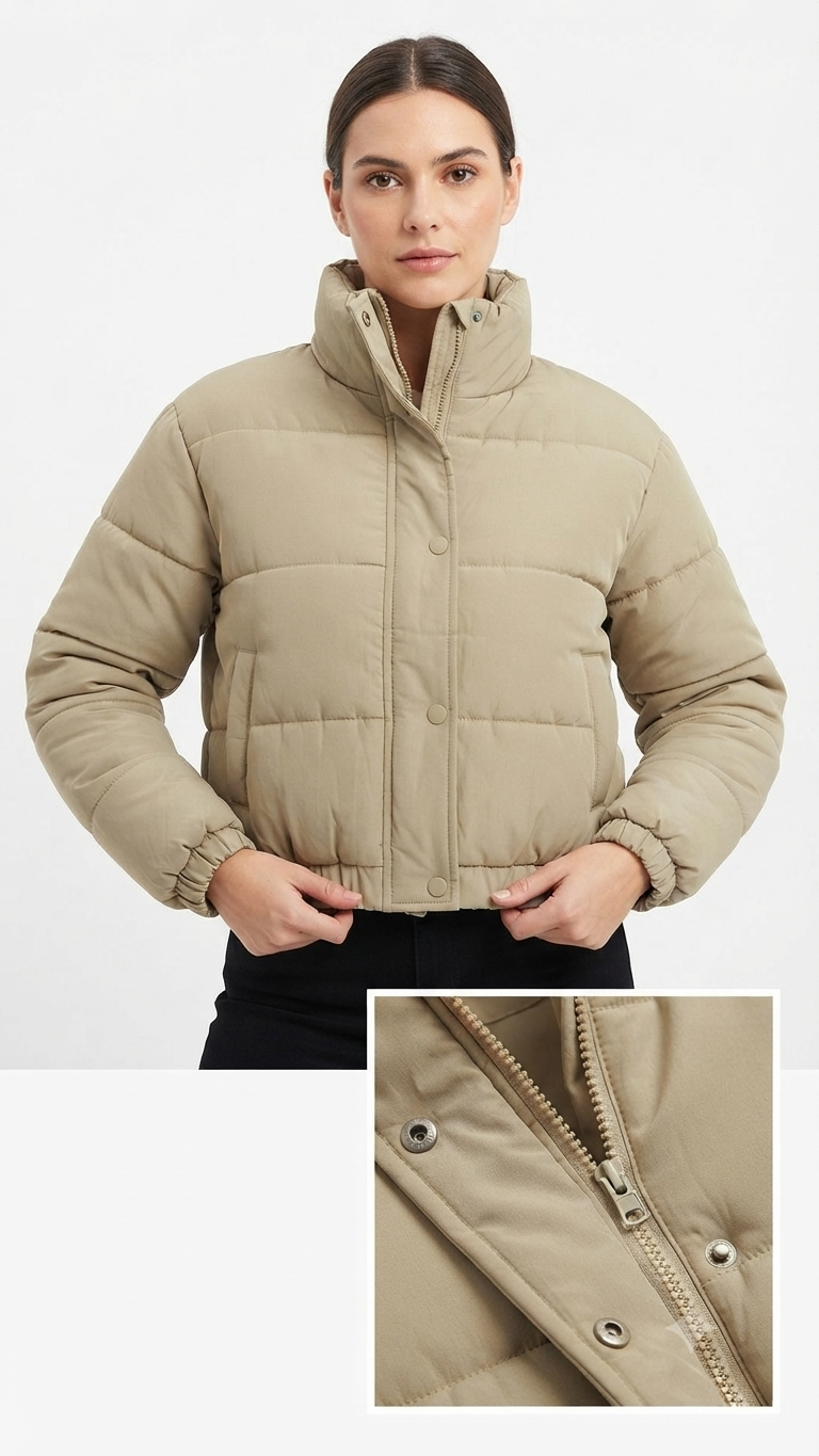 Chaqueta Puffer Corta con Cuello Alto Para Dama - Detalles