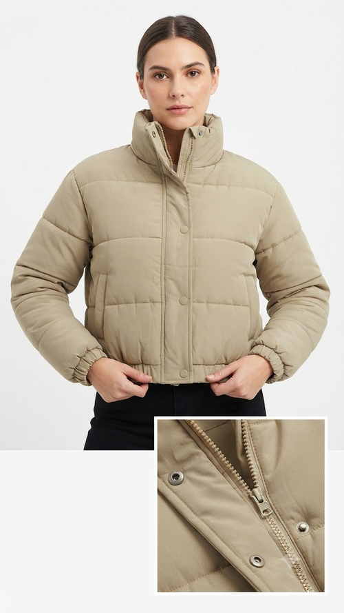 Chaqueta Puffer Corta con Cuello Alto Para Dama - Detalles