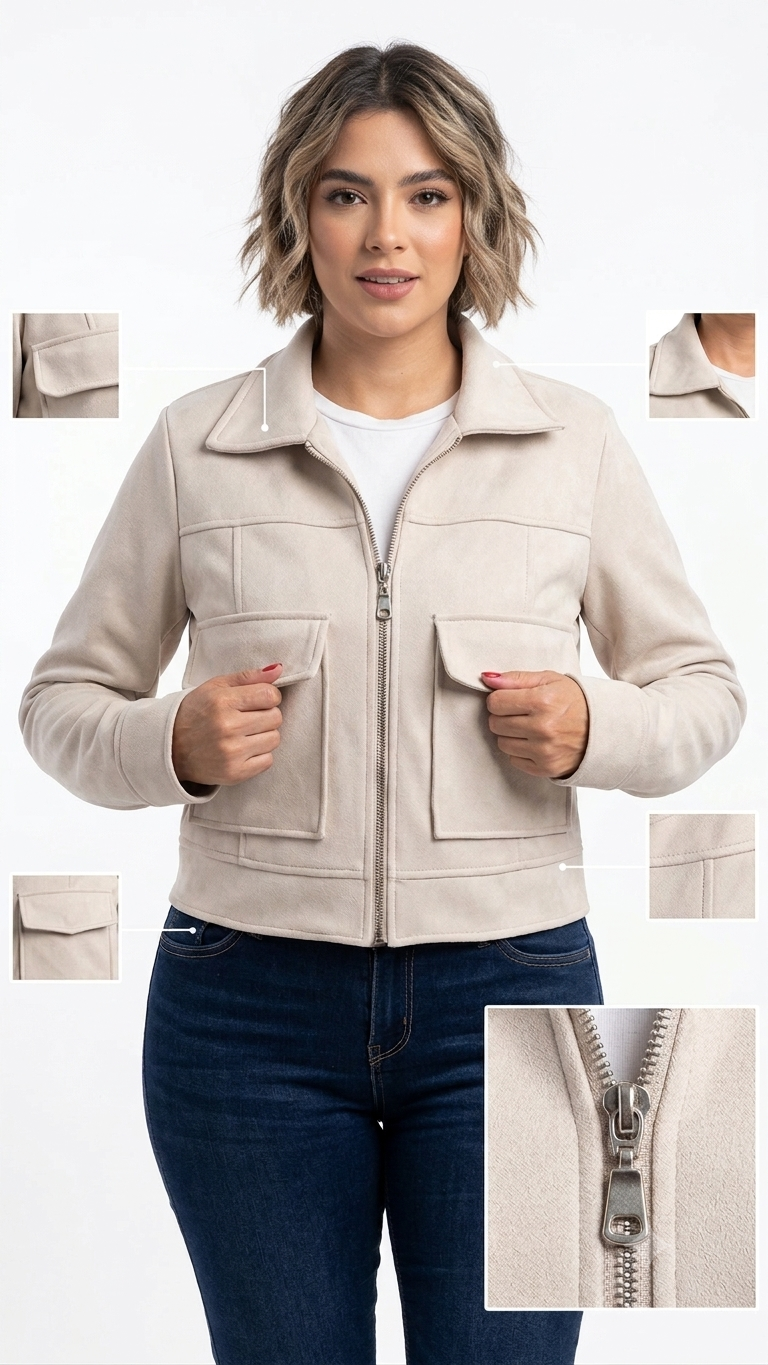 Chaqueta Corta Textura Gamuzada Beige - Detalles y vistas