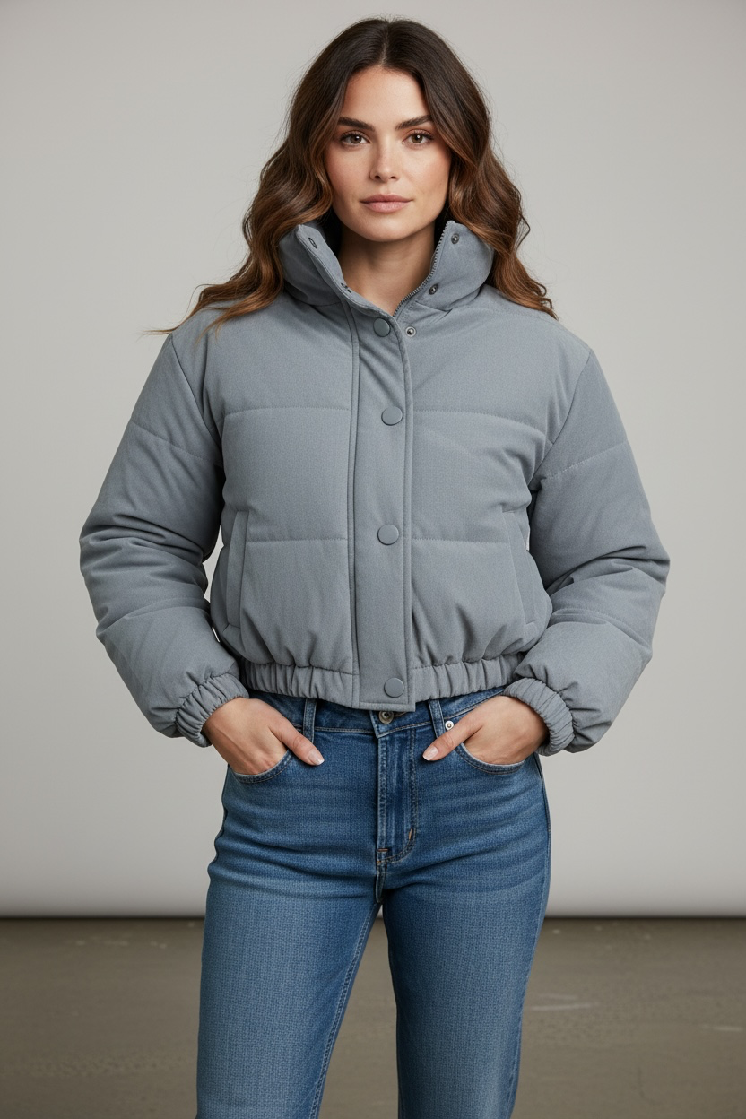 Chaqueta Puffer Corta con Cuello Alto Para Dama