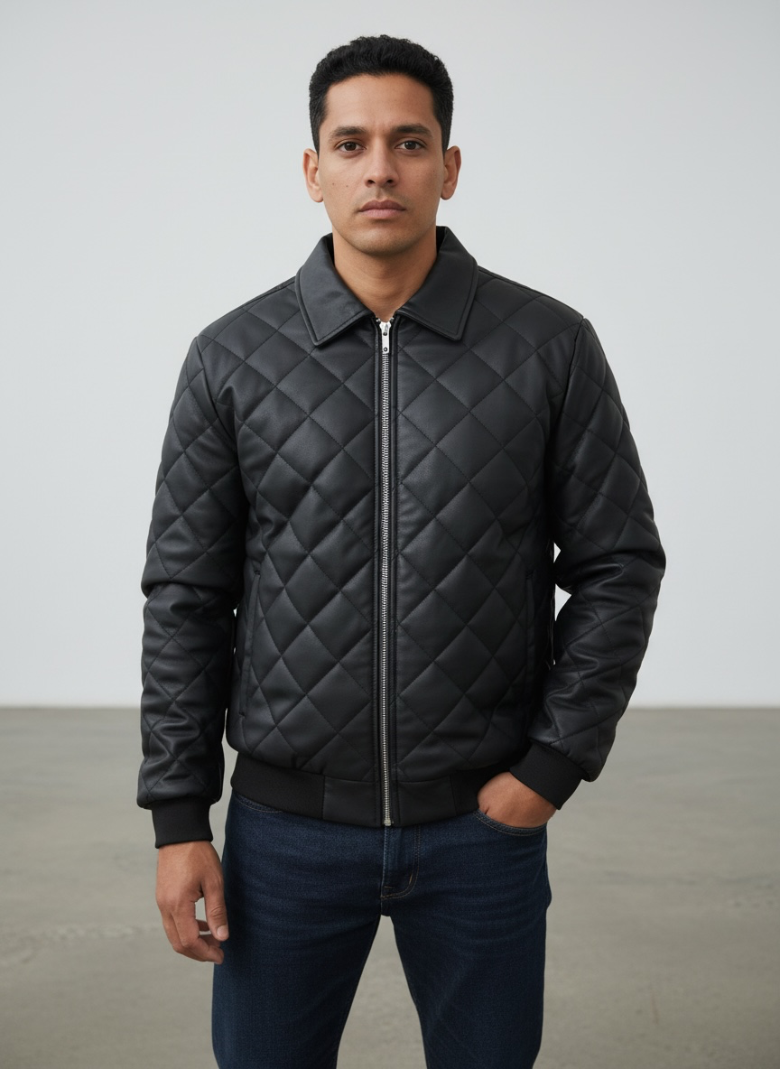Chaqueta bomber rombo cuerina negra para hombre