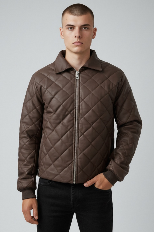 Chaqueta bomber rombo cuerina café para hombre