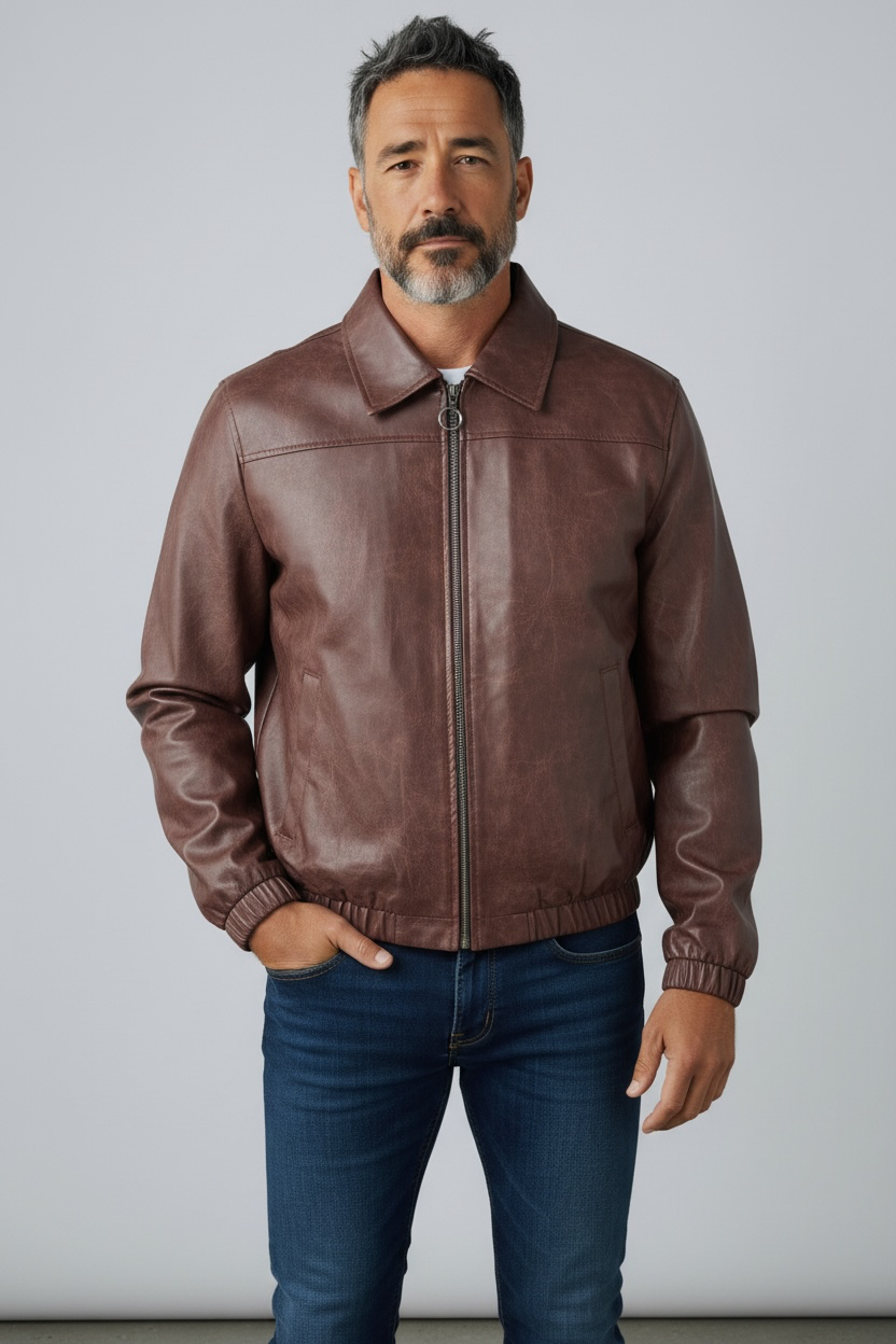 Chaqueta Bomber Cuerina Hombre - café envejecido, frente