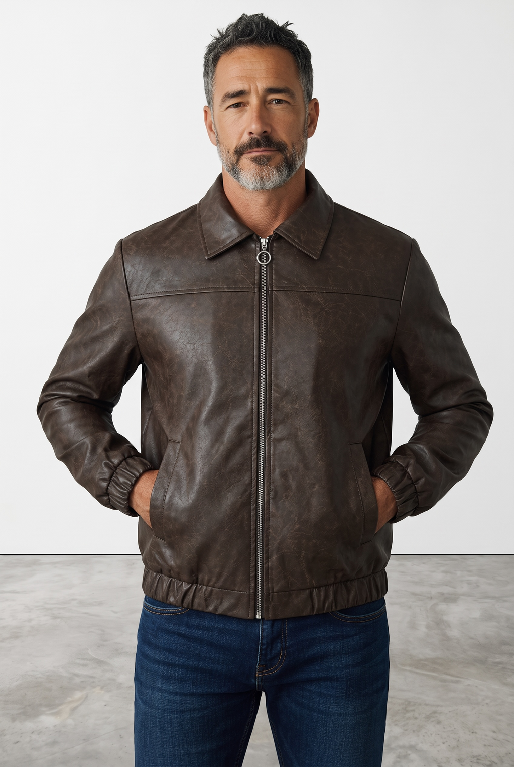 Chaqueta Bomber Cuerina Hombre - café envejecido oscuro, frente
