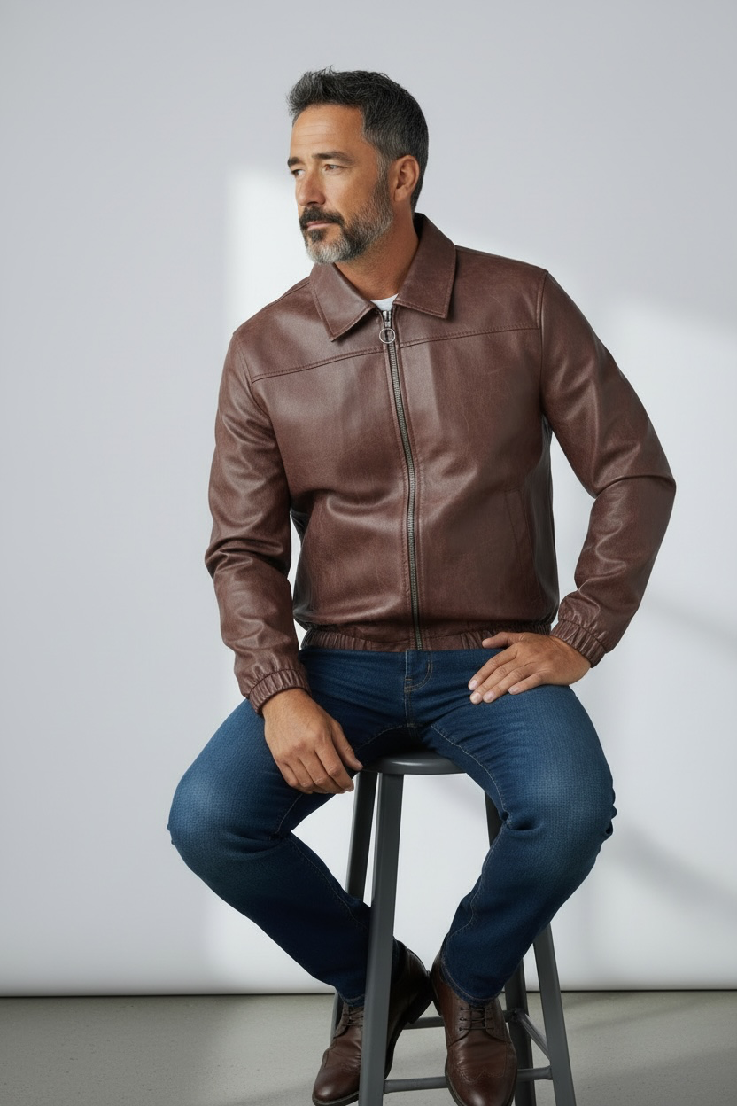 Chaqueta Bomber Cuerina Hombre - café envejecido, postura sentado
