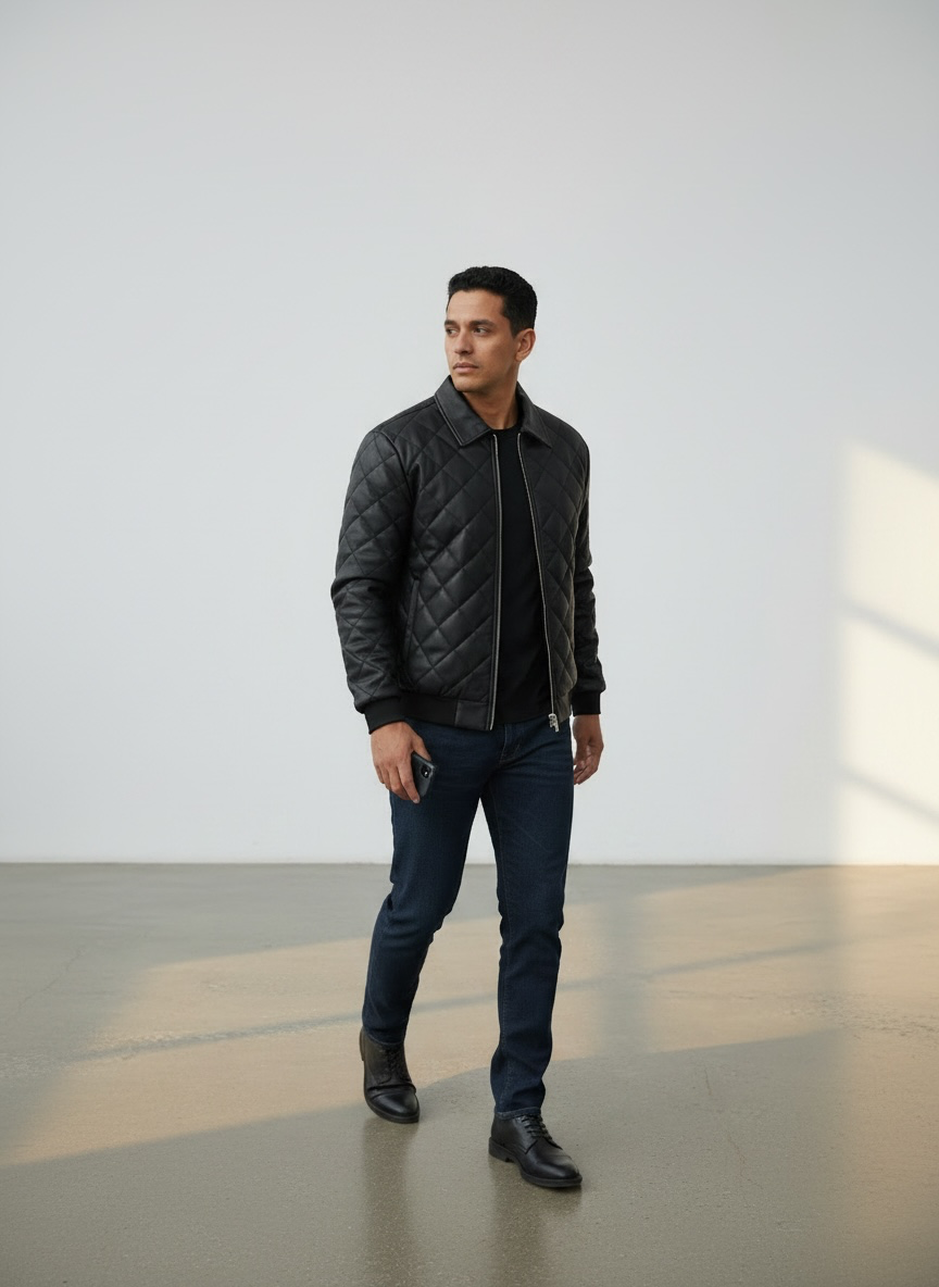 Chaqueta Bomber Rombo Cuerina Textil Hombre