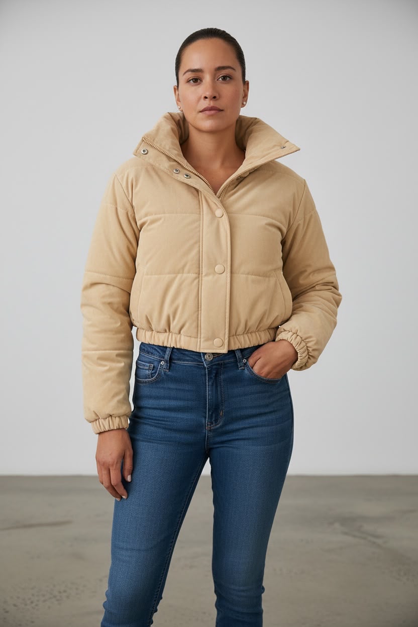 Chaqueta Puffer Corta con Cuello Alto Para Dama